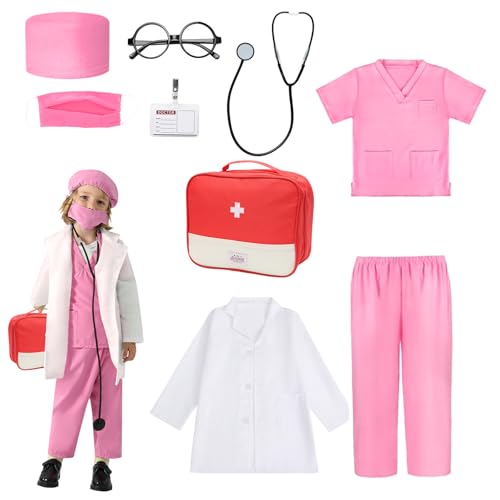 Arztkostüm Kinder, Arztkoffer Kinder Kostüm, Arztkittel Kinder mit Ausweiskarte Stethoskop, Doktor Rollenspiel Zubehör, Fasching Karneval Cosplay Geschenke für Jungen Mädchen 5-10 Jahre, Rosa 120 von Umllpet