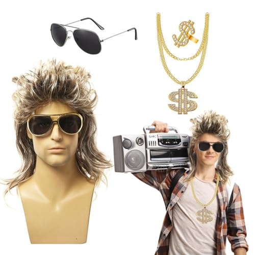 Umllpet 4 in 1 Vokuhila Set mit Assi Perücke, 80er 90er Jahre Wave Punker KostümZubehör, Hip Hop Disco KostümAccessoires Assi-Frisur Rocker Rapper Outfits Kostümzubehör mit Perücke, Goldkette, Brille von Umllpet