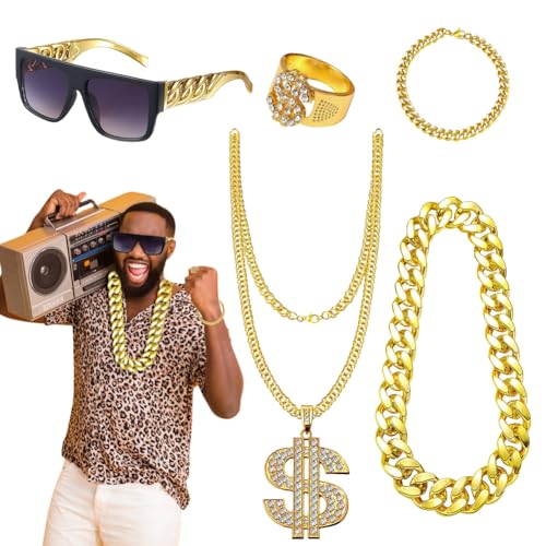 Umllpet Zuhälter Kostüm Goldkette Fasching, Hip Hop Rapper Kostüm, 80er 90er Jahre Outfit Accessoires Herren mit Goldkette Brille Armbänder Dollar Ring für Karneval Fasching Mottoparty von Umllpet