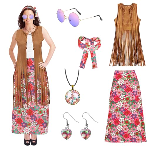 Umllpet 60er 70er Jahre Hippie Kostüm Damen Set, Hippie Kleidung Damen, Boho Fransenweste und Rock für Dame Frau, 60er 70er Jahre Bekleidung für Karneval Faschingskostüme Hippie Mottoparty (L) von Umllpet