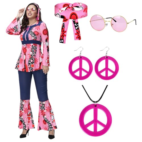 Umllpet 70 Jahre Outfit Damen, 60er 70er Jahre Hippie Kostüm Damen Set, Faschingskostüme Hippie Mottoparty Kostüm, Boho Hippie Kleidung Schlaghose für Frau Disco Outfit, 70er Jahre Bekleidung (L) von Umllpet