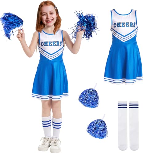 Umllpet Cheerleader Kostüm Kinder, Cheerleader Kostüm Damen, Cheerleadering Outfit Mädchen, Kinderkostüm Cheerleader mit Pompoms und Socken für Karneval, Halloween, Fasching, Mottoparty (Blau, 140) von Umllpet