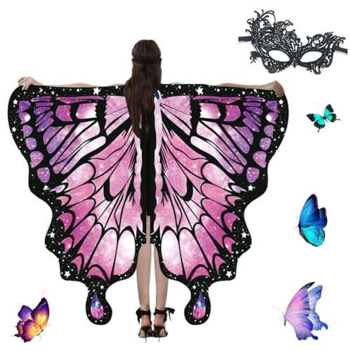 Umllpet Damen Schmetterling Kostüm Umhang, Schmetterlingsflügel Karnevalskostüme mit Gesichtsbedeckungen, Schmetterling Flügel Kostüm Schal Poncho für Fasching Party Cosplay Karneval - Rosa von Umllpet