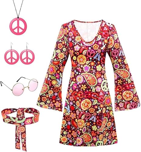 Umllpet Hippie Costume Women's Set, 60s 70s Clothing Women, Costume Hippie Woman, Kostüm Damen Hippie Kleid, Hippie Kleidung Damen Set Erhältlich in 4 Größen für 70er Jahre Theme Party Karneval (M) von Umllpet