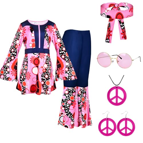 Umllpet Hippie Kleidung Damen Set, Hippie Kleidung Schlaghose, 70er Mode Flower Power Kleidung, Schlaghose Hippie Damen, 70er Jahre Hippie Bekleidung Damen Set für Damen Disco Outfit, Karneval (XXL) von Umllpet