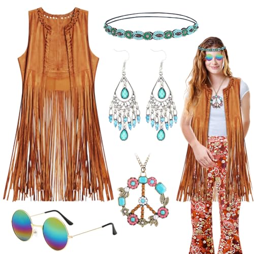 Umllpet Hippie Kostüm Damen Outfit, 60er 70er Jahre Hippie Kostüm Damen Set, Karneval Hippie Kleidung Damen, Faschingskostüme Hippie Mottoparty Kostüm für Frau, 70er Jahre Bekleidung (L) von Umllpet