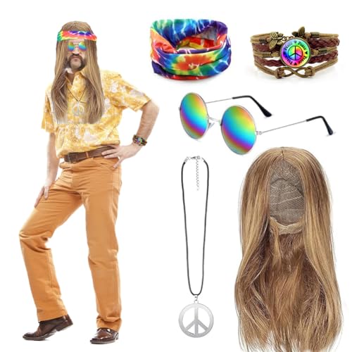 Umllpet Hippie Perücke Kostüm Set, Hippie Accessoires Friedenszeichen Halskette Sonnenbrille Hippie Stirnband Armband Hippie Dress Up Zubehör 60er 70er Themenparty Fasching Karneval Mottoparty von Umllpet