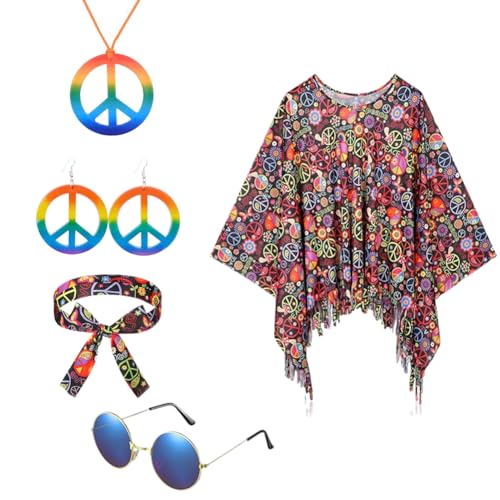 Umllpet Hippie Poncho Karneval, 60er 70er Jahre Hippie Kostüm Set für Damen, Hippie Poncho Frieden Zeichen Halskette Ohrringe Stirnband Sonnenbrillen 60er 70er Jahre Fasching Karneval Hippie Kostüm von Umllpet