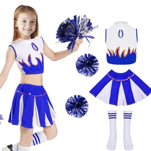 Umllpet Kinderkostüm Cheerleader, Cheerleader Kostüm Kinder Kleid, Cheerleading Kleid Cheer Uniformen mit Pompons, Socken, Kinder Cheer Outfit Karneval Kostüm für 8 9 10 11 12 13 Jahre (Blau, 160) von Umllpet