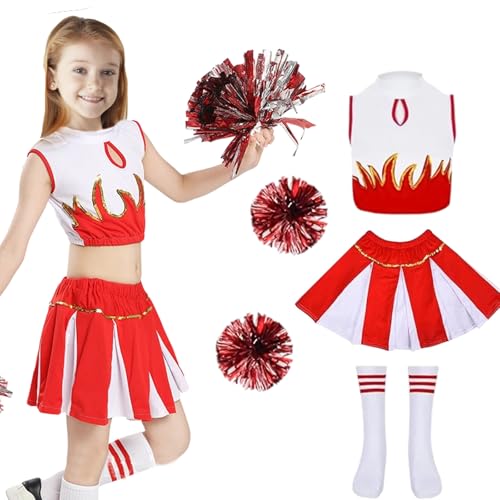 Umllpet Kinderkostüm Cheerleader, Cheerleader Kostüm Kinder Kleid, Cheerleading Kleid Cheer Uniformen mit Pompons, Socken, Kinder Cheer Outfit Karneval Kostüm für 8 9 10 11 12 13 Jahre (Rot, 140) von Umllpet