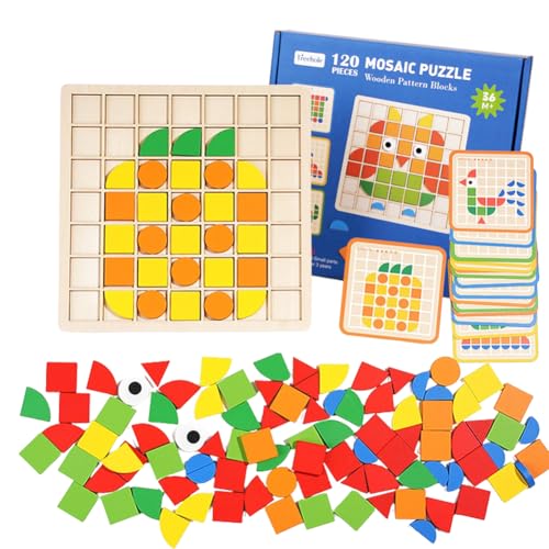 Umllpet Kreative Mosaik-Puzzle, Geometrische Formen Holzpuzzles, Tangram Montessori Bausteine mit 120 Geometrischen Formen und 24 Designkarten für 3+ Jahr Kinder Pädagogisches Spielzeug Geschen von Umllpet