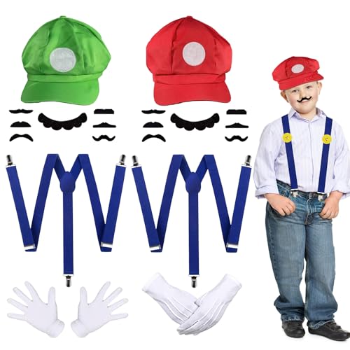 Umllpet Mario und Luigi Kostüm Damen Herren, Mario und Luigi Mütze Hosenträger Knöpfe Schnurrbart Handschuhe, Super Mario Kostüm, Mario Luigi Partnerkostüme Erwachsene Kinder für Karneval Kostüm von Umllpet