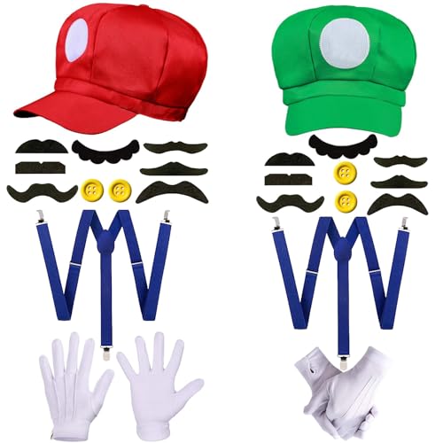 Umllpet Mario Kostüm Accessoires, Super Mar Kostüm, Mario und Luigi Kostüm mit Kappen Schnurrbärte Handschuhe Knöpfe Hosenträger für Kinder Erwachsene Cosplay Karneval Geburtstagsfeier Zubehörsets von Umllpet