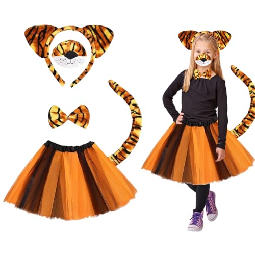 Umllpet Tiger Tierkostüm Kinder, 5er Set Karneval Kostüm für Mädchen, Tutu Rock mit Zubehör Tier Ohren Stirnband Nase Fliege Tierpfoten Handschuhe Schwanz, Tier Verkleiden für Karneval Party Halloween von Umllpet