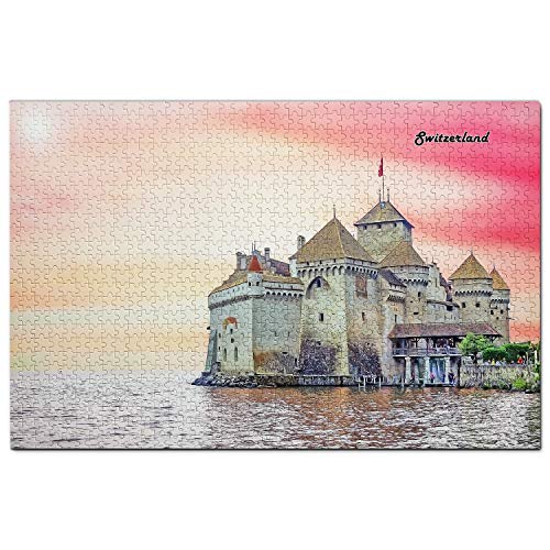 Schweiz Puzzle 1000 Teile Schweiz Chillon Schloss Montreux Puzzlespiel Kunstwerk Reise Souvenir Holz von Umsufa