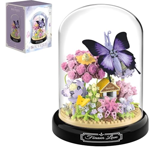 Blumen Bausteine Set, 582 Teile Schmetterlings Blumenstrauß Micro Mini Baustein Set, Künstliche Blumenstrauß Insekten Pflanzen Set mit Staubdichte Kuppel Und Sockel, Heimdekoration, Ideen Geschenk von Unativer