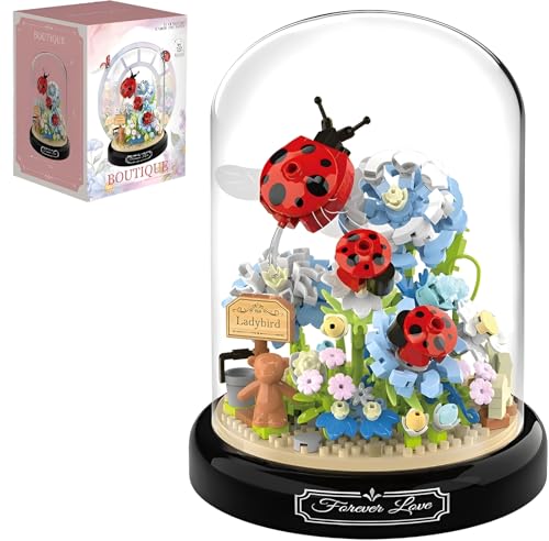 Blumen Bausteine Set, 596 Teile Insekten Blumenstrauß Micro Mini Baustein Set, Künstliche Blumenstrauß Insekten Pflanzen Set mit Staubdichte Kuppel Und Sockel, Heimdekoration, Ideen Geschenk (P2283) von Unativer