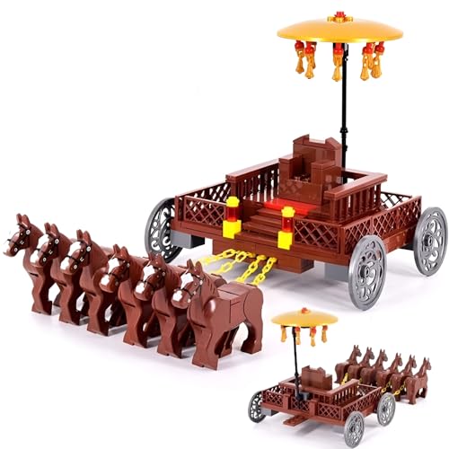 MOC Medieval Series Streitwagen Kutsche Bausteine Bausatz, Sechs Pferde Ziehen Einen Karren Modell Bausteine, Mittelalterlicher Custom Krieg Pferd Kit für Mini Figuren, Kompatibel mit Major Brand von Unativer