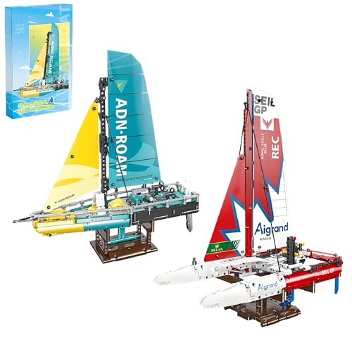 Segelboot Bausteine Set, 2 Segelschiff Modell Bausatz, Typ 65 Segelboot und F50 Tragflügel Katamaran Segelboot Bausteine Modell, Schiff Spielzeug Geschenke für Erwachsene und Kinder von Unativer