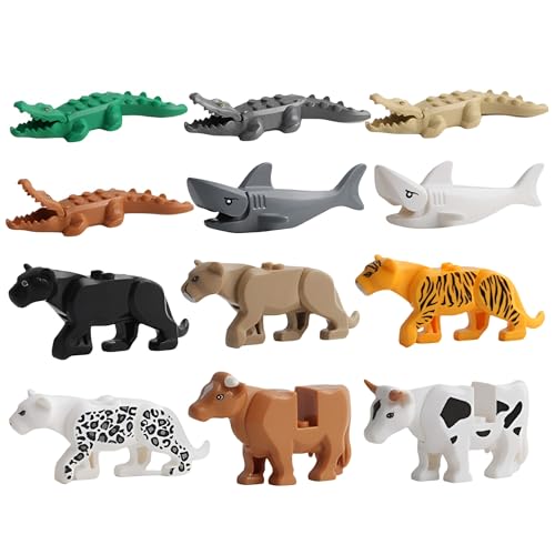 Tiere Minifiguren Bausteine Bausatz, 12 Stück Tier Figuren Bausteine Bausatz mit Krokodil Hai Leopard Tiger etc, DIY Dschungel Zoo Tier Bausteine Spielzeug für Kinder, Kompatibel mit Major Brand von Unativer