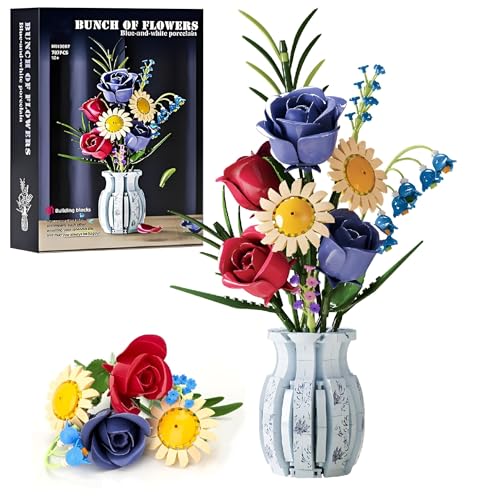 Unativer Rosen Sonnenblume Blumenstrauß Bausatz mit Vase, 787 Stück DIY Blumenstrauß Set, Blumen Bauspielzeugset für Erwachsene Kinder, künstliche Blumen als Heimdekoration und Ausstellung von Unativer