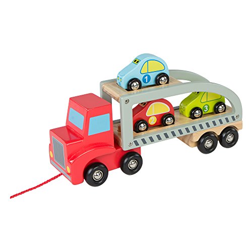 WOOMAX 43619 Holz Anhänger LKW und 3 hölzerne Autos, Sortiert, 28 cm von WOOMAX