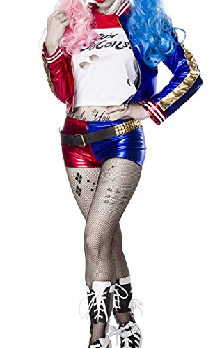 Damen Harlekin Fantasy Kostüm Joker Verkleidung aus Longsleeve, Jacke, Hotpants und Strumpfhose in weiß blau rot Kunstleder Wetlook L von unbekannt