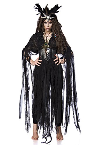 Damen Voodoo Priesterin Fantasy Kostüm Hexen Verkleidung aus Fetzencape, Leggings, Krone und Totenkopfkette Gürtel in schwarz Federkrone von unbekannt