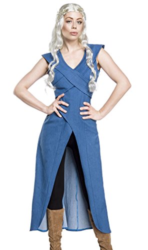 Damen asymmetrisches Fantasy Kostüm Drachenmutter Verkleidung aus Kleid, Perücke, Leggings und Schulterpolster in blau schwarz Zöpfe Kostüm L von unbekannt