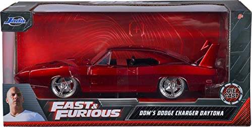 Jada Toys Fast & Furious Dom's 1969 Dodge Charger Daytona, Auto, Tuning-Modell im Maßstab 1:24, mit Spoiler, zu öffnende Türen, Motorhaube und Kofferraum, Freilauf, rot metallic von Jada Toys