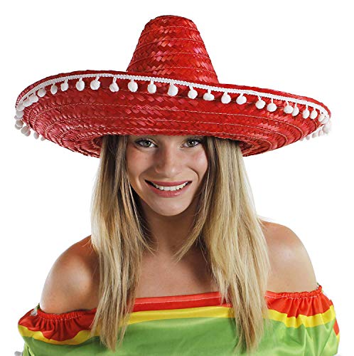 Mexikanischer roter Sombrero-Hut für Damen, mit Pompon-Rand, Junggesellinnenabschied von Unbekannt