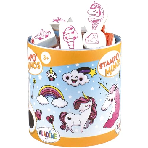 ALADINE 85145 Stampo Stempelset Minos Einhörner, inkl. 18 Stempel und 1 Stempelkissen, kreativer Stempelspaß für Kinder ab 3 Jahren, Mehrfarbig von Aladine