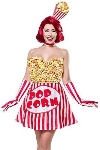 Unbekannt Damen Popcorn Girl Fantasy Kostüm Süßigkeiten Verkleidung aus Kleid, Haarreif, Handschuhe in bunt Popcorntüten-Form XL von Unbekannt