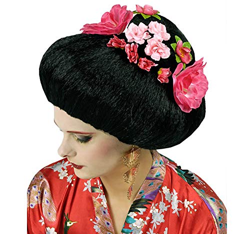 Unbekannt Geisha Perücke Geiko mit Blüten - Schwarz Pink - Zubehör Kostüm Chinesin Japanerin Asiatin von Unbekannt