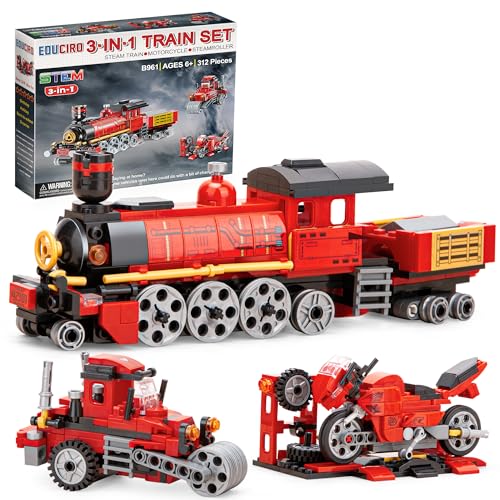 Eisenbahn Bausatz Spielezug 3 in 1 Bausteine Dampfzug Motorrad und Traktor, Spielzeug für Kinder ab 6 Jahre von Under the Baubles