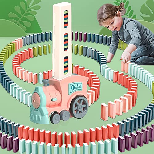 Domino Zug Spielzeug, 100 Stuck Domino Baustein Zug Set, Automatischer Dominosteine Zug Spiel mit Ton, Kinder Elektrischer Domino Train Rallye Spielzeug Weihnachten Geschenk für Jungen Mädchen (Rosa) von Unfuntly