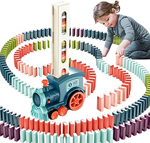 Domino Zug Spielzeug, 100 Stuck Domino Baustein Zug Set, Automatischer Dominosteine Zug Spiel mit Ton, Kinder Elektrischer Domino Train Rallye Spielzeug Weihnachten Geschenk für Jungen Mädchen (Blau) von Unfuntly