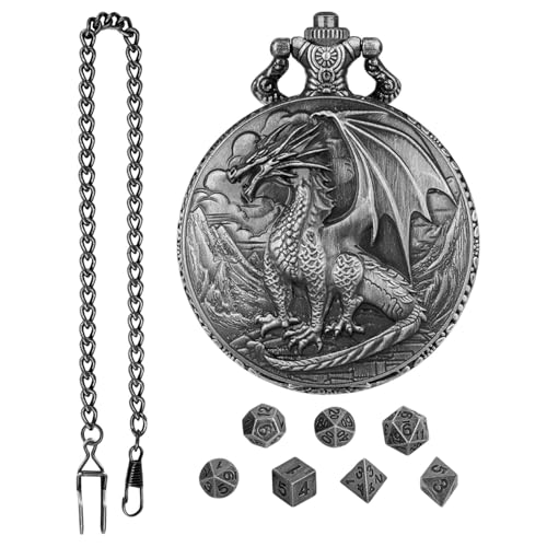 Ungtyb Dragon Engraved Pocket Watch Shell Case, Dragon Design with Dice Set, Unique Dice Pocket Watch Case for Friends and Family, Stylish Gift for Collectors Dragon Design Pocket Watch Shell Case von Ungtyb