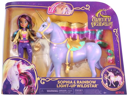 Unicorn Academy Sophia und Licht-Magie Wildstar - ca. 28 cm großes Einhorn mit Licht- und Soundeffekten und 24 cm große vollbewegliche Ankleidepuppe zur beliebten Netflix-Serie, für Kinder ab 4 Jahren von Unicorn Academy