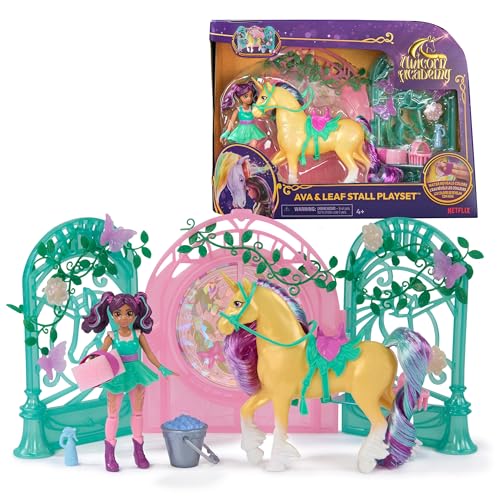 Unicorn Academy Ava & Einhorn Leaf Stall Spielset mit Farbwechseleffekt - ca. 12 cm große Originalfiguren zur beliebten Netflix Serie mit 15 Accessoires, für Kinder ab 4 Jahren von Unicorn Academy