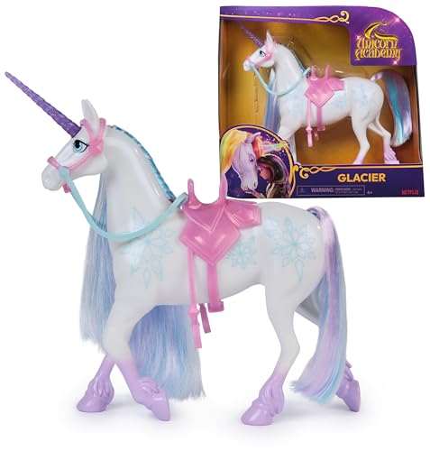 Unicorn Academy Einhorn Glacier – ca. 28 cm großes Einhorn von Layla zur beliebten Netflix-Serie, 2 Reitzubehörteilen und abnehmbarem Zaumzeug für realistisches Rollenspiel, ab 4 Jahren von Unicorn Academy