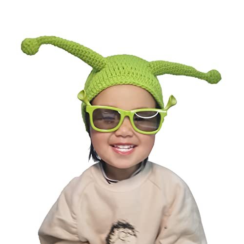 Union Power Voller Kopf Grüner Hut Shrek Hüte mit niedlichen Ohren Strickmütze mit Maske Lustige Halloween Cosplay Requisite, Grün , Adult (21-23 inches), Child (17-19 inches) von Union Power