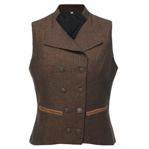 UniqKaliber Anzugweste mit V-Ausschnitt für Damen, Tweed, Arbeitskleidung, schmale Passform, Büro, zweireihig, Business-Revers, elegante Weste, braun, L von UniqKaliber