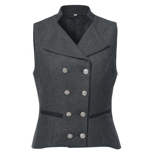 UniqKaliber Anzugweste mit V-Ausschnitt für Damen, Tweed, Arbeitskleidung, schmale Passform, Büro, zweireihig, Business-Revers, elegante Weste, dunkelgrau, L von UniqKaliber