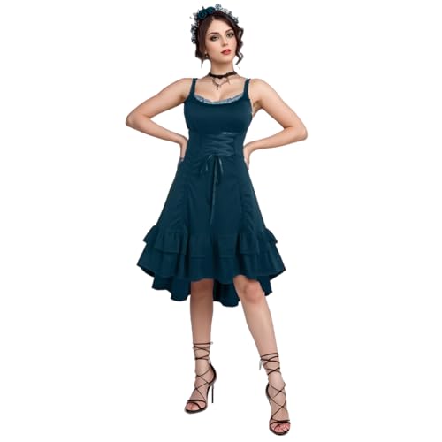 UniqKaliber Gothic Viktorianische Kleider für Damen, Renaissance High Low Kleid, ärmellos, Steampunk-Kleid, Piratenkostüm, Blau von UniqKaliber