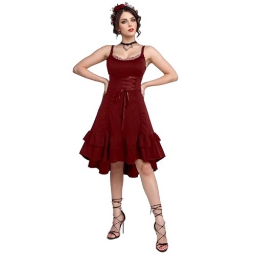 UniqKaliber Gothic Viktorianische Kleider für Damen, Renaissance High Low Kleid, ärmellos, Steampunk-Kleid, Piratenkostüm, Rot von UniqKaliber