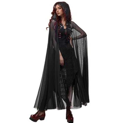 UniqKaliber Schwarzer Umhang mit Kapuze für Damen, Gothic-Kapuzenumhang, durchsichtig, Hexe, Halloween, Mittelalter-Vampir-Kostüm von UniqKaliber