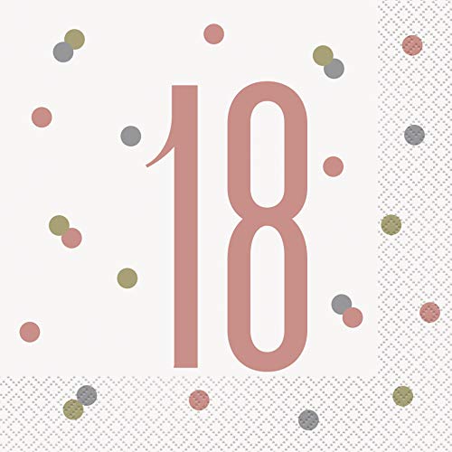 Unique Party Supplies 84880 Papierservietten - Zahl 18 - 16,5 cm - Glitzer-Roségold-Geburtstag - 16er-Packung von Unique