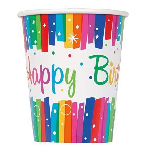 Unique 49566EU Plastikfreie Papierbecher-266ml-Regenbogenbänder Geburtstag – 8 (1 Stück), Multicolour von Unique