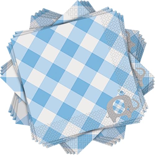 Unique 78392 Servietten für Babyparty, Elefant, Gingham-Muster, Blau, 16 Stück von Unique